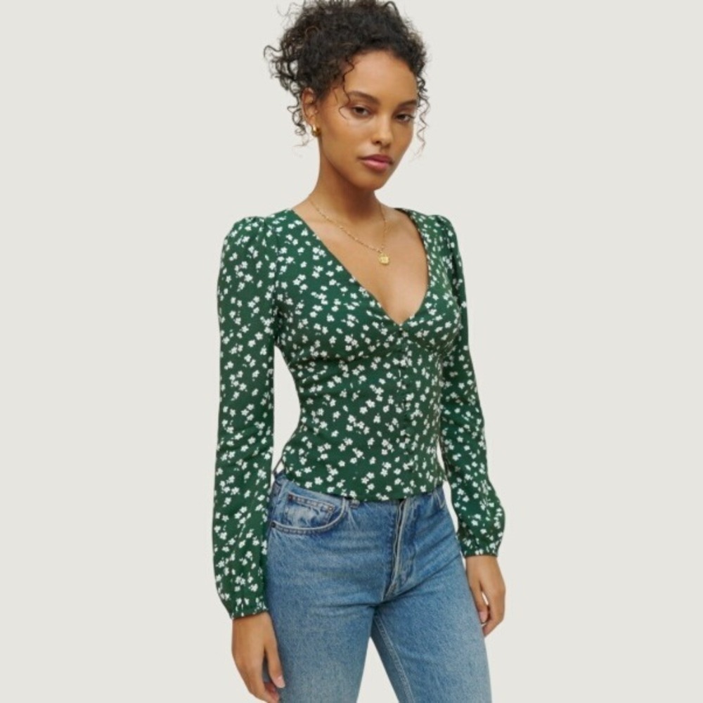 Reformation Floral V-Neck Blouse Womens M Green Viscose Button Front Cottagecore
